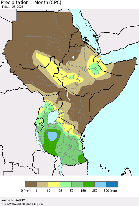 Eastern Africa Precipitation 1-Month (CPC) Thematic Map For 2/1/2023 - 2/28/2023