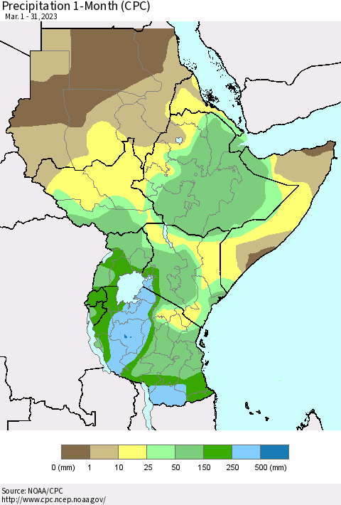 Eastern Africa Precipitation 1-Month (CPC) Thematic Map For 3/1/2023 - 3/31/2023