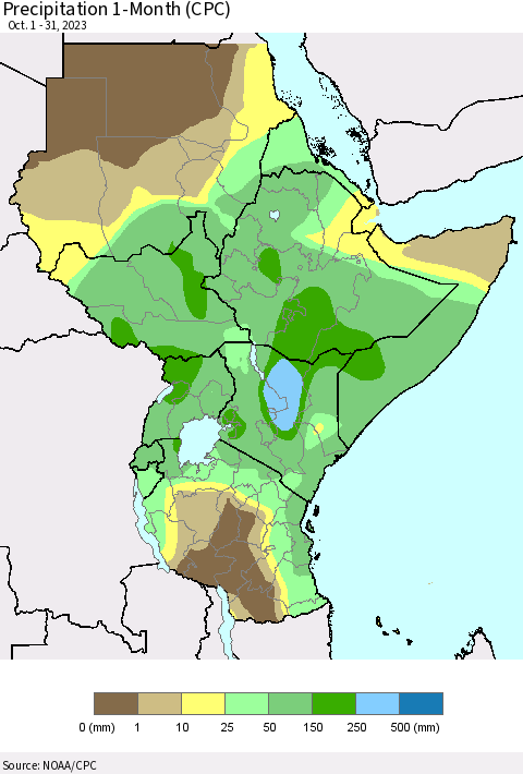 Eastern Africa Precipitation 1-Month (CPC) Thematic Map For 10/1/2023 - 10/31/2023