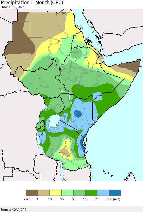 Eastern Africa Precipitation 1-Month (CPC) Thematic Map For 11/1/2023 - 11/30/2023