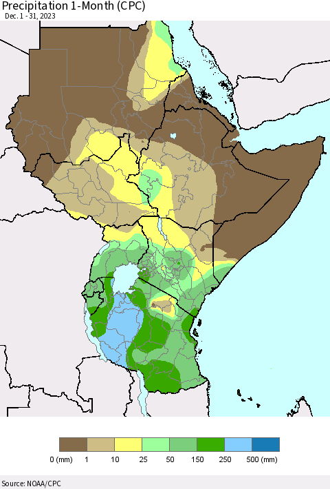Eastern Africa Precipitation 1-Month (CPC) Thematic Map For 12/1/2023 - 12/31/2023