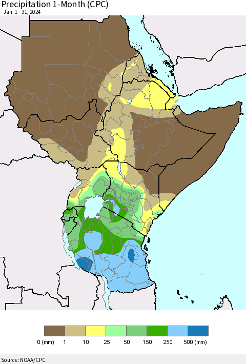 Eastern Africa Precipitation 1-Month (CPC) Thematic Map For 1/1/2024 - 1/31/2024