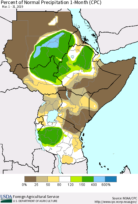 Eastern Africa Percent of Normal Precipitation 1-Month (CPC) Thematic Map For 3/1/2019 - 3/31/2019
