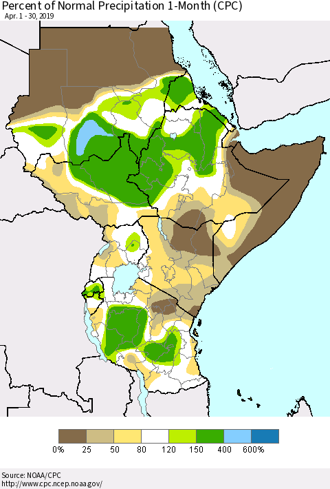 Eastern Africa Percent of Normal Precipitation 1-Month (CPC) Thematic Map For 4/1/2019 - 4/30/2019