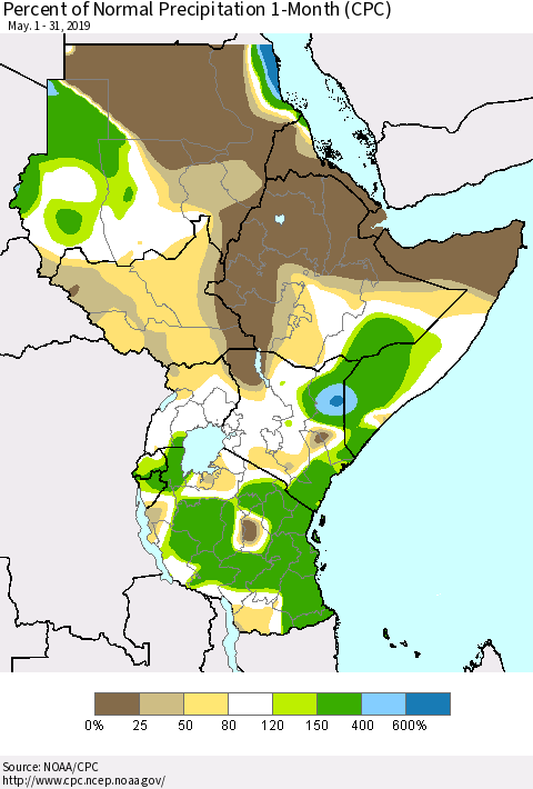 Eastern Africa Percent of Normal Precipitation 1-Month (CPC) Thematic Map For 5/1/2019 - 5/31/2019