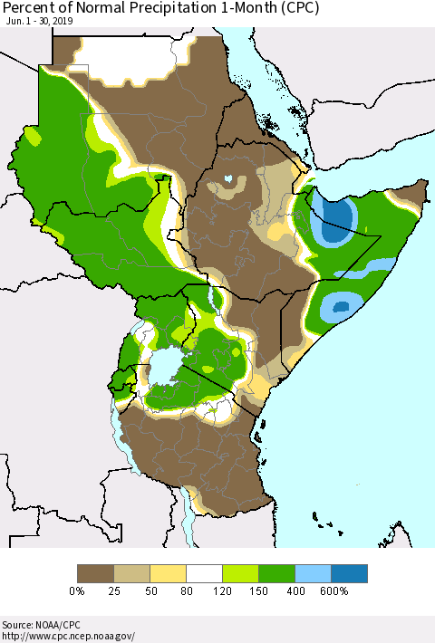 Eastern Africa Percent of Normal Precipitation 1-Month (CPC) Thematic Map For 6/1/2019 - 6/30/2019