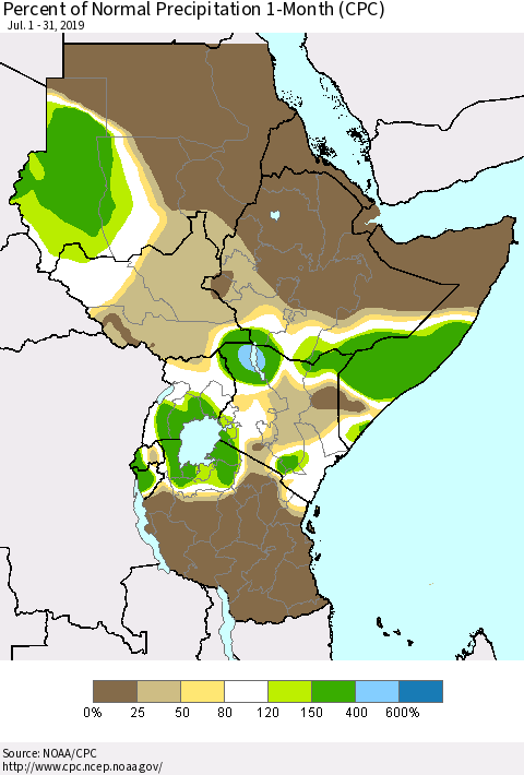 Eastern Africa Percent of Normal Precipitation 1-Month (CPC) Thematic Map For 7/1/2019 - 7/31/2019
