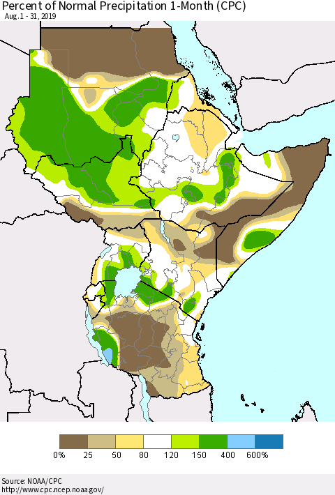 Eastern Africa Percent of Normal Precipitation 1-Month (CPC) Thematic Map For 8/1/2019 - 8/31/2019
