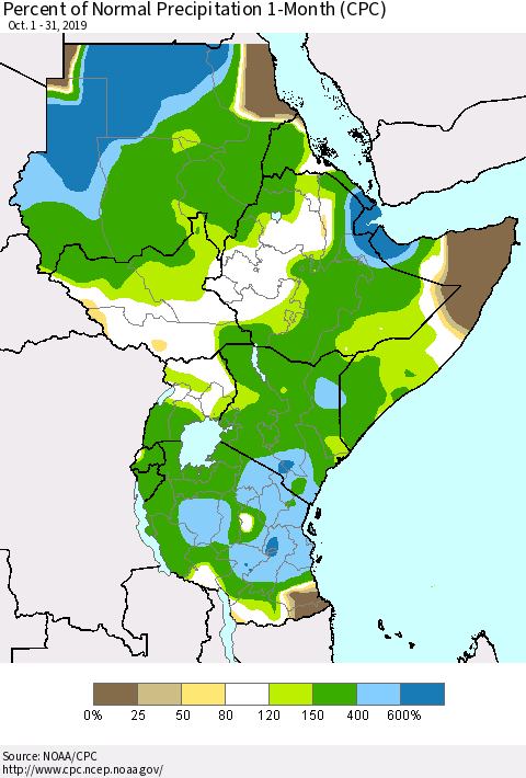 Eastern Africa Percent of Normal Precipitation 1-Month (CPC) Thematic Map For 10/1/2019 - 10/31/2019