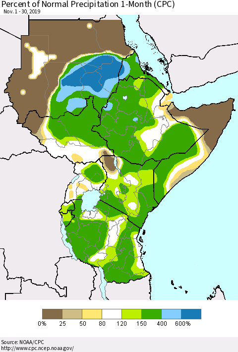 Eastern Africa Percent of Normal Precipitation 1-Month (CPC) Thematic Map For 11/1/2019 - 11/30/2019