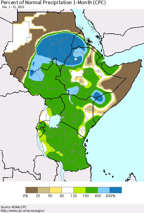 Eastern Africa Percent of Normal Precipitation 1-Month (CPC) Thematic Map For 12/1/2019 - 12/31/2019