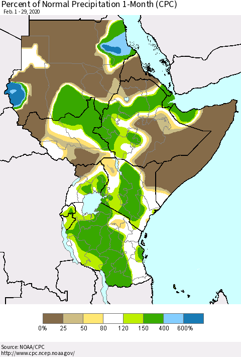 Eastern Africa Percent of Normal Precipitation 1-Month (CPC) Thematic Map For 2/1/2020 - 2/29/2020