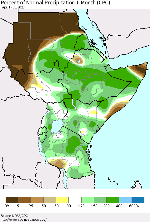 Eastern Africa Percent of Normal Precipitation 1-Month (CPC) Thematic Map For 4/1/2020 - 4/30/2020