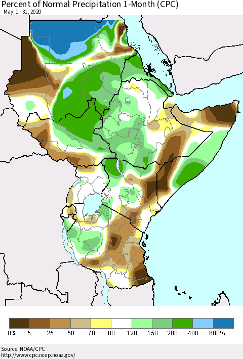 Eastern Africa Percent of Normal Precipitation 1-Month (CPC) Thematic Map For 5/1/2020 - 5/31/2020