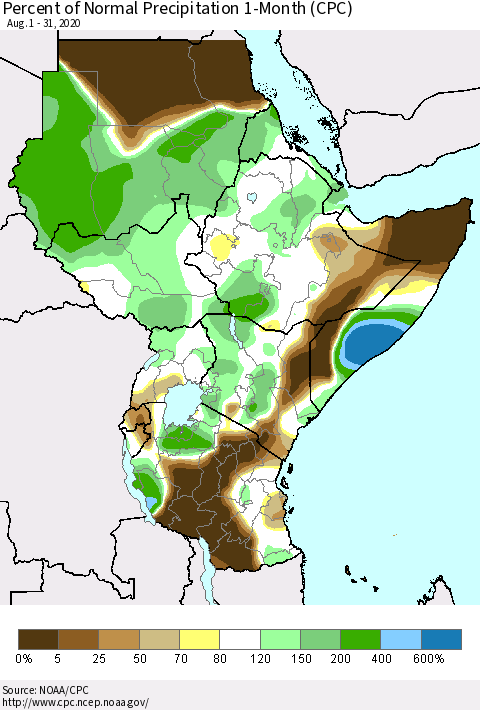 Eastern Africa Percent of Normal Precipitation 1-Month (CPC) Thematic Map For 8/1/2020 - 8/31/2020