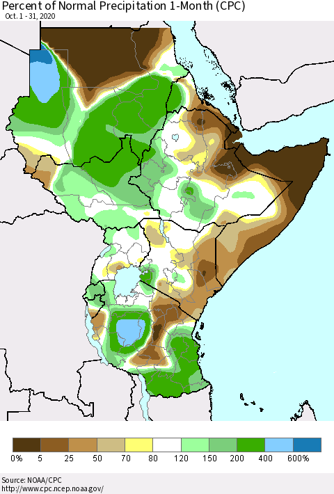 Eastern Africa Percent of Normal Precipitation 1-Month (CPC) Thematic Map For 10/1/2020 - 10/31/2020