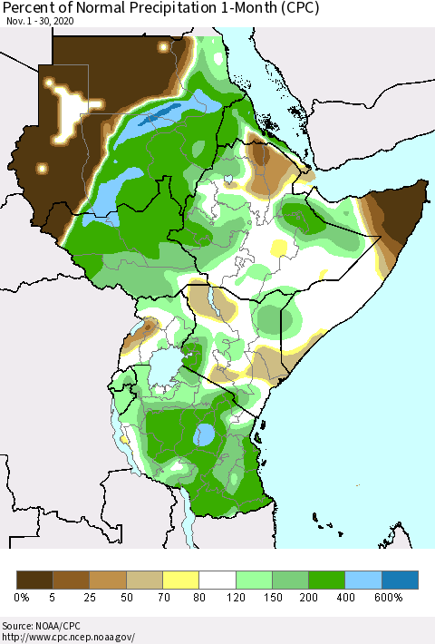 Eastern Africa Percent of Normal Precipitation 1-Month (CPC) Thematic Map For 11/1/2020 - 11/30/2020