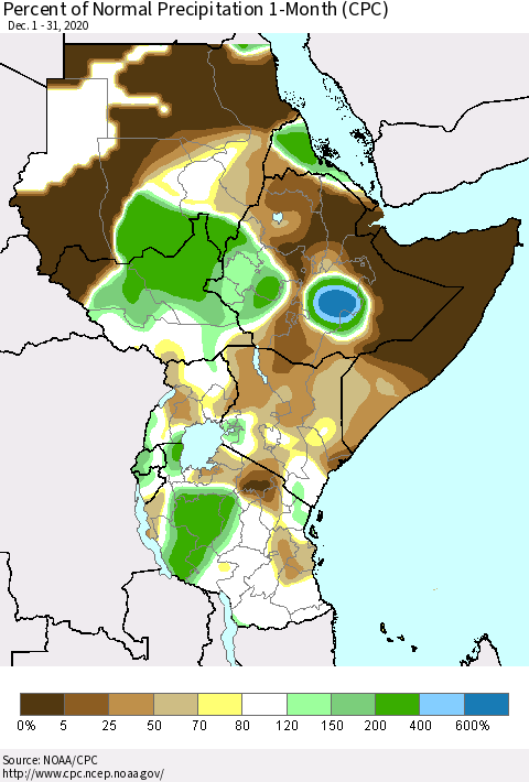 Eastern Africa Percent of Normal Precipitation 1-Month (CPC) Thematic Map For 12/1/2020 - 12/31/2020