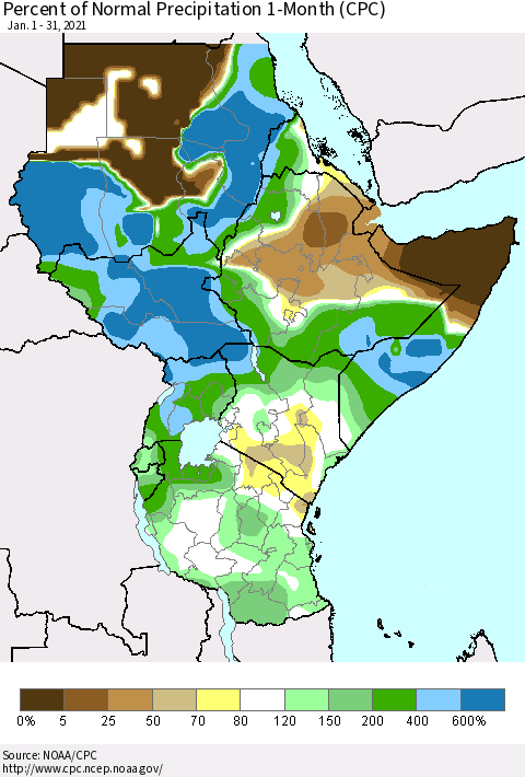 Eastern Africa Percent of Normal Precipitation 1-Month (CPC) Thematic Map For 1/1/2021 - 1/31/2021