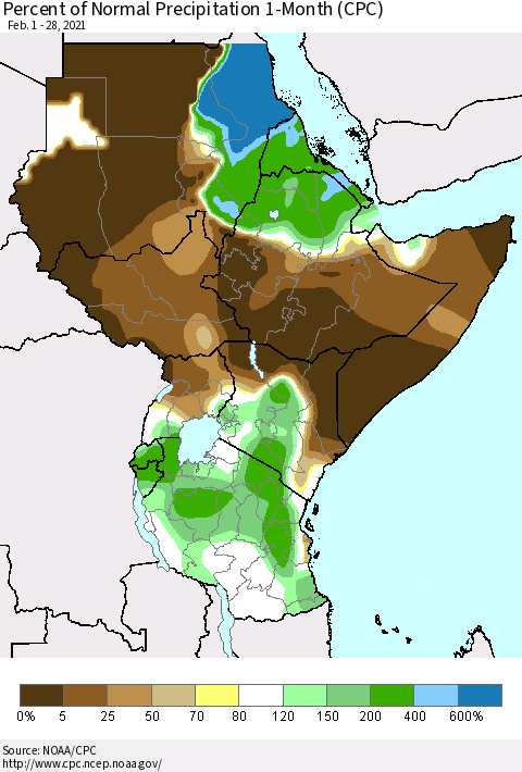 Eastern Africa Percent of Normal Precipitation 1-Month (CPC) Thematic Map For 2/1/2021 - 2/28/2021