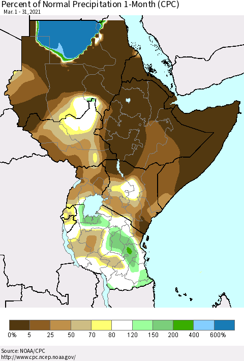 Eastern Africa Percent of Normal Precipitation 1-Month (CPC) Thematic Map For 3/1/2021 - 3/31/2021