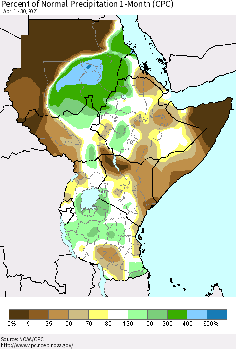 Eastern Africa Percent of Normal Precipitation 1-Month (CPC) Thematic Map For 4/1/2021 - 4/30/2021