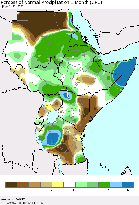 Eastern Africa Percent of Normal Precipitation 1-Month (CPC) Thematic Map For 5/1/2021 - 5/31/2021