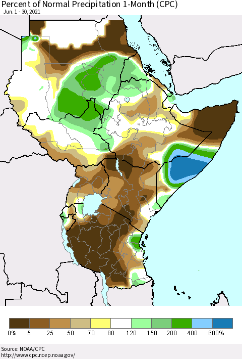 Eastern Africa Percent of Normal Precipitation 1-Month (CPC) Thematic Map For 6/1/2021 - 6/30/2021