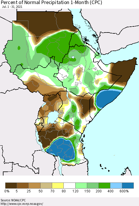 Eastern Africa Percent of Normal Precipitation 1-Month (CPC) Thematic Map For 7/1/2021 - 7/31/2021