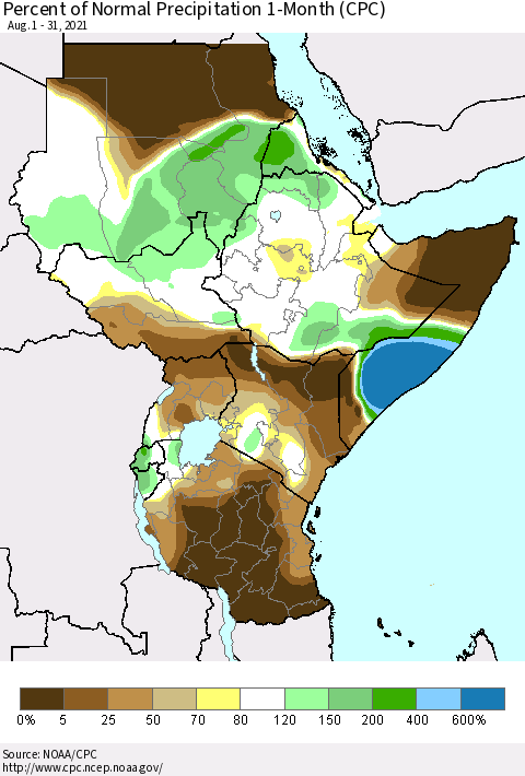 Eastern Africa Percent of Normal Precipitation 1-Month (CPC) Thematic Map For 8/1/2021 - 8/31/2021