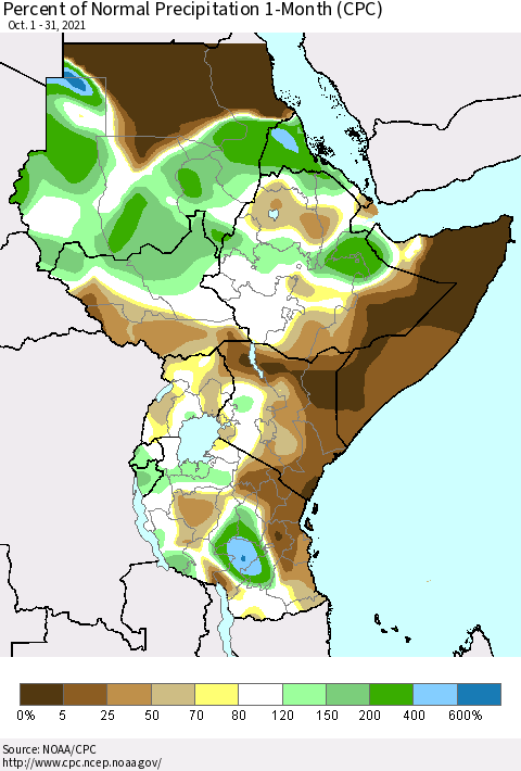Eastern Africa Percent of Normal Precipitation 1-Month (CPC) Thematic Map For 10/1/2021 - 10/31/2021