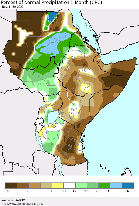 Eastern Africa Percent of Normal Precipitation 1-Month (CPC) Thematic Map For 11/1/2021 - 11/30/2021