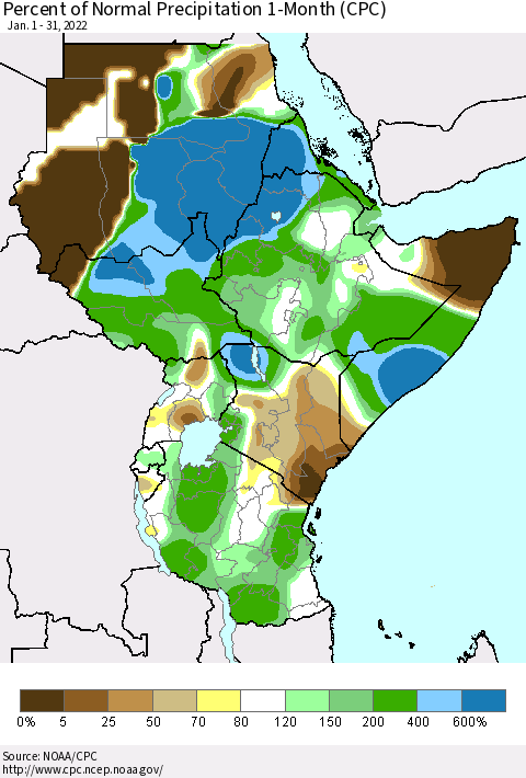 Eastern Africa Percent of Normal Precipitation 1-Month (CPC) Thematic Map For 1/1/2022 - 1/31/2022
