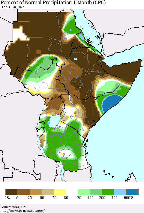 Eastern Africa Percent of Normal Precipitation 1-Month (CPC) Thematic Map For 2/1/2022 - 2/28/2022