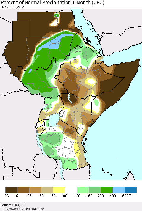 Eastern Africa Percent of Normal Precipitation 1-Month (CPC) Thematic Map For 3/1/2022 - 3/31/2022