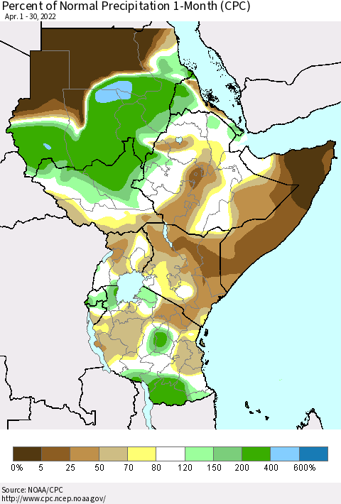 Eastern Africa Percent of Normal Precipitation 1-Month (CPC) Thematic Map For 4/1/2022 - 4/30/2022