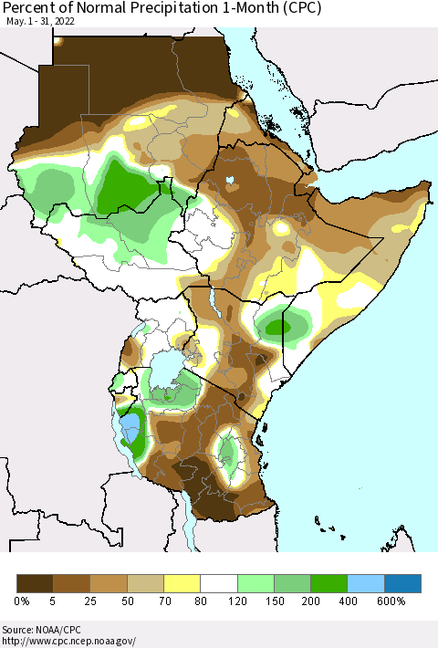 Eastern Africa Percent of Normal Precipitation 1-Month (CPC) Thematic Map For 5/1/2022 - 5/31/2022