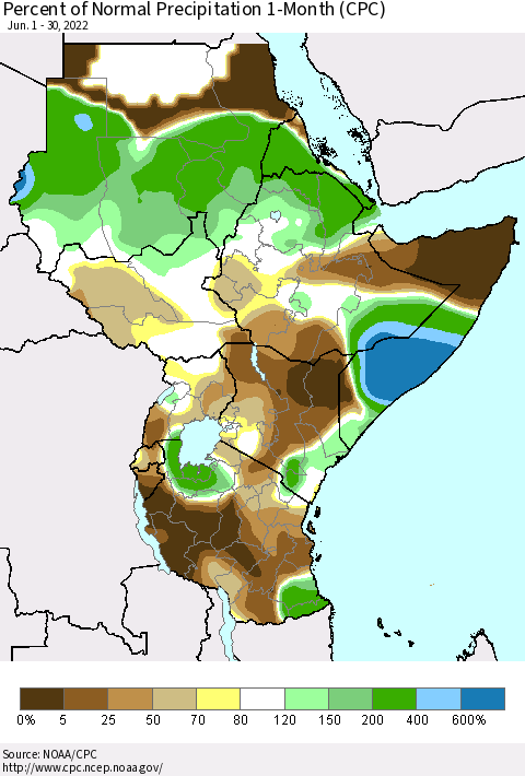 Eastern Africa Percent of Normal Precipitation 1-Month (CPC) Thematic Map For 6/1/2022 - 6/30/2022