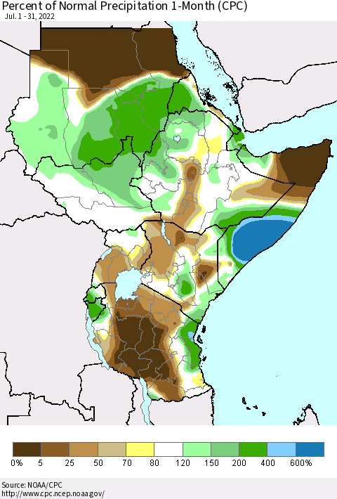 Eastern Africa Percent of Normal Precipitation 1-Month (CPC) Thematic Map For 7/1/2022 - 7/31/2022