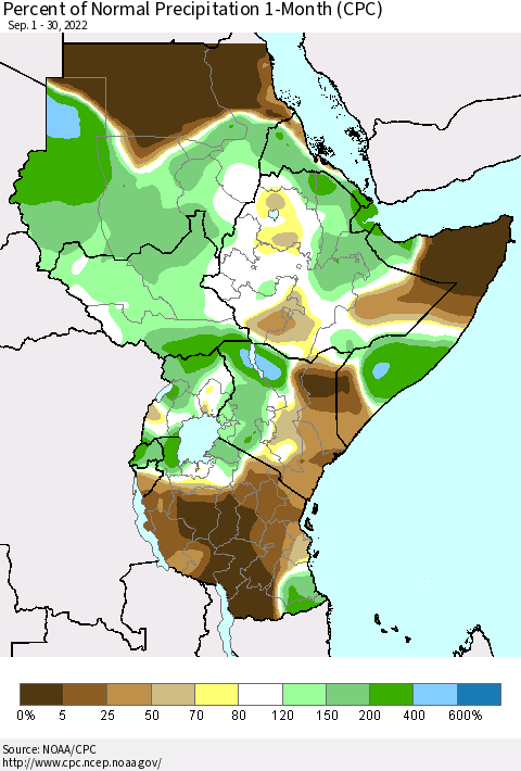 Eastern Africa Percent of Normal Precipitation 1-Month (CPC) Thematic Map For 9/1/2022 - 9/30/2022