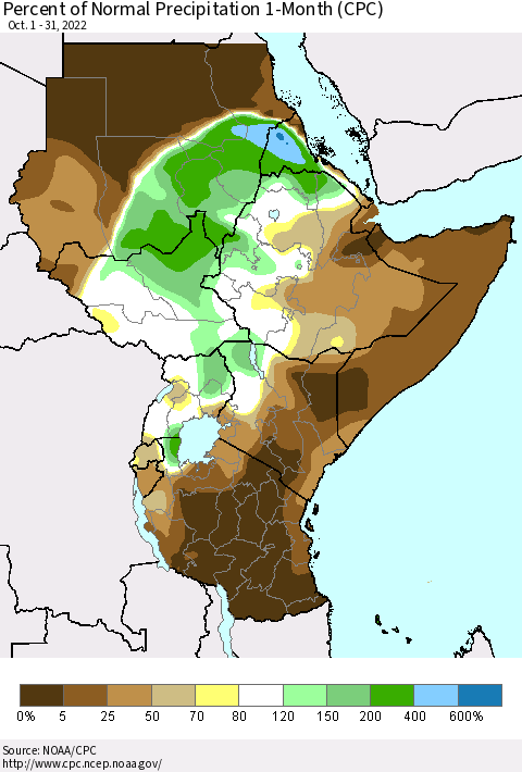 Eastern Africa Percent of Normal Precipitation 1-Month (CPC) Thematic Map For 10/1/2022 - 10/31/2022