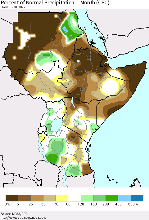 Eastern Africa Percent of Normal Precipitation 1-Month (CPC) Thematic Map For 11/1/2022 - 11/30/2022