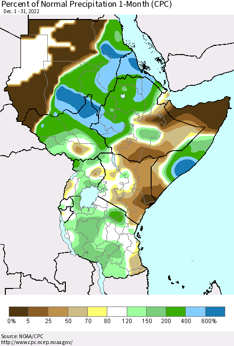 Eastern Africa Percent of Normal Precipitation 1-Month (CPC) Thematic Map For 12/1/2022 - 12/31/2022