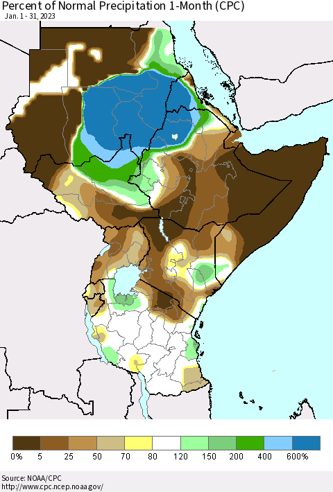 Eastern Africa Percent of Normal Precipitation 1-Month (CPC) Thematic Map For 1/1/2023 - 1/31/2023