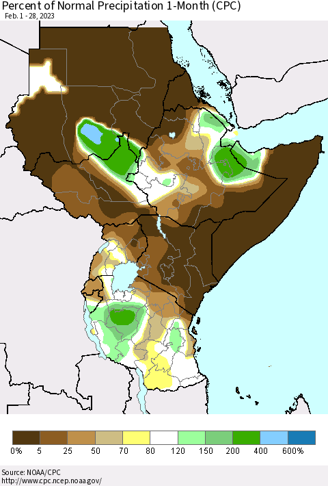 Eastern Africa Percent of Normal Precipitation 1-Month (CPC) Thematic Map For 2/1/2023 - 2/28/2023