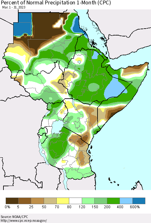 Eastern Africa Percent of Normal Precipitation 1-Month (CPC) Thematic Map For 3/1/2023 - 3/31/2023