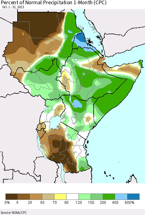 Eastern Africa Percent of Normal Precipitation 1-Month (CPC) Thematic Map For 10/1/2023 - 10/31/2023