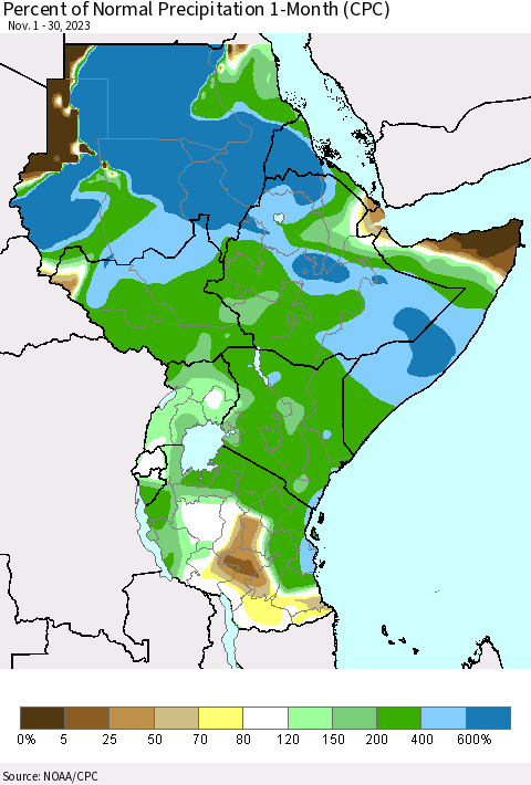 Eastern Africa Percent of Normal Precipitation 1-Month (CPC) Thematic Map For 11/1/2023 - 11/30/2023