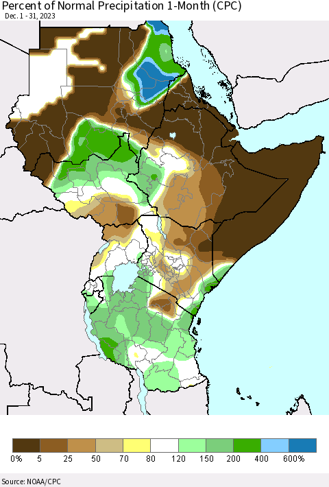 Eastern Africa Percent of Normal Precipitation 1-Month (CPC) Thematic Map For 12/1/2023 - 12/31/2023