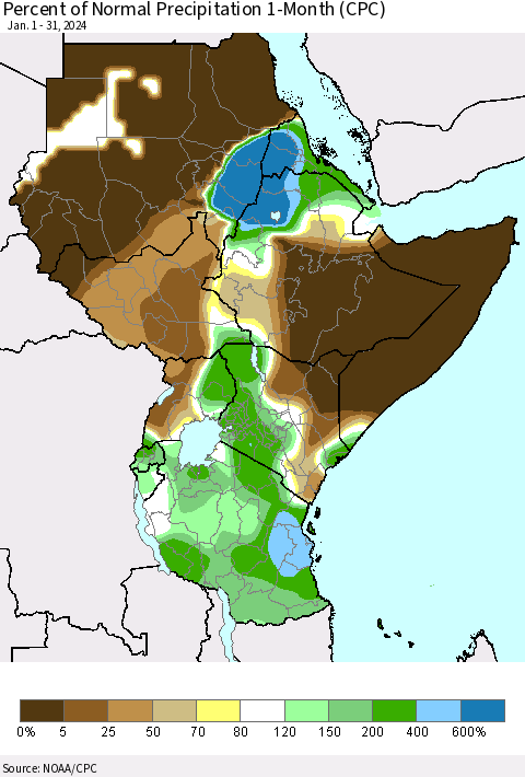 Eastern Africa Percent of Normal Precipitation 1-Month (CPC) Thematic Map For 1/1/2024 - 1/31/2024